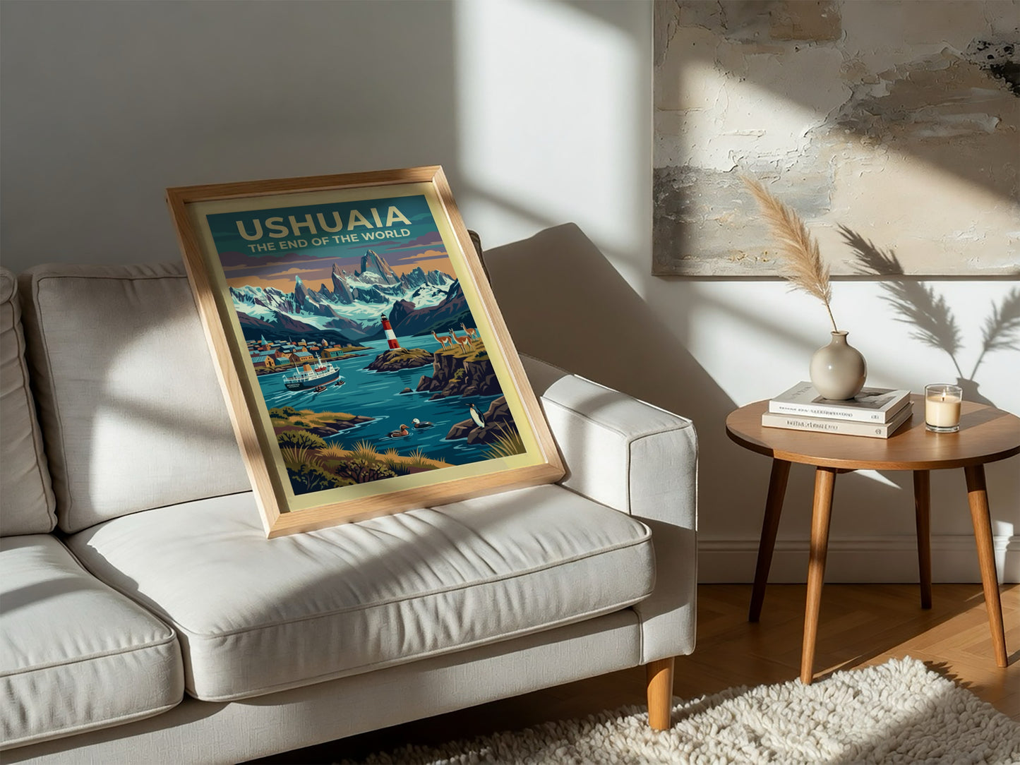 South America travel poster of Ushuaia with snow-capped mountains, red lighthouse, and wildlife.