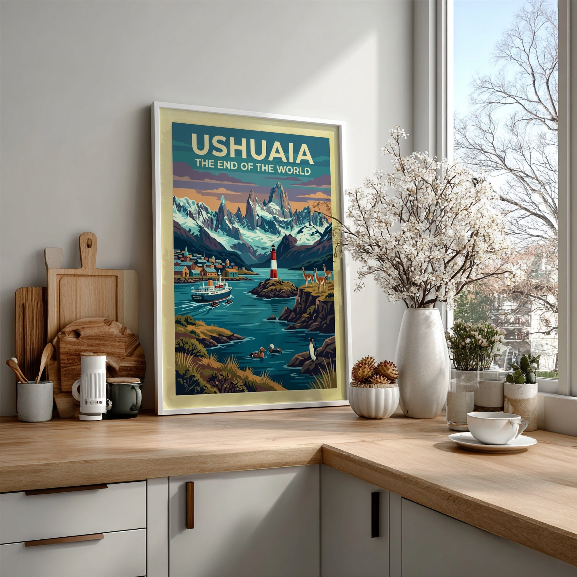 South America travel poster of Ushuaia with snow-capped mountains, red lighthouse, and wildlife.