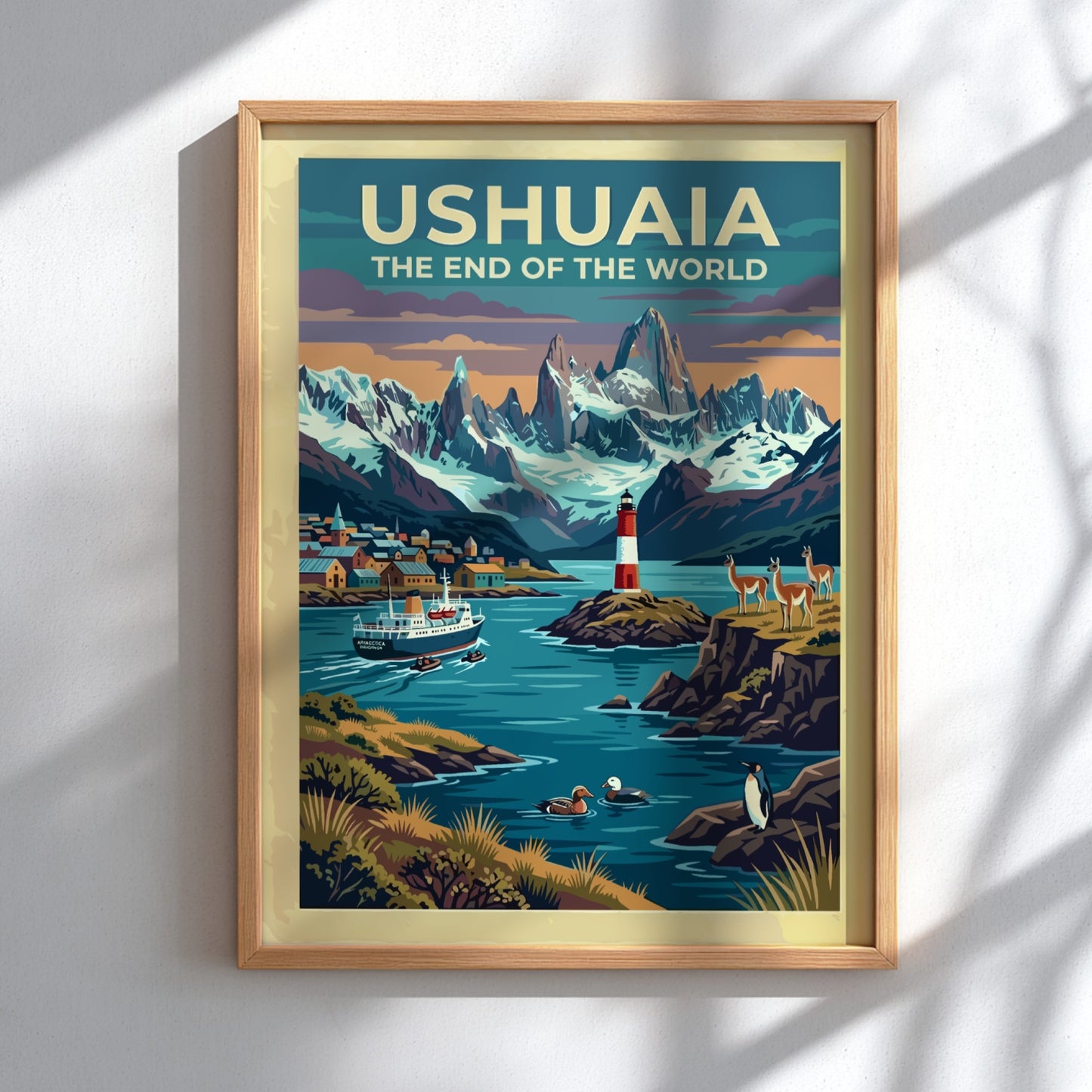 South America travel poster of Ushuaia with snow-capped mountains, red lighthouse, and wildlife.