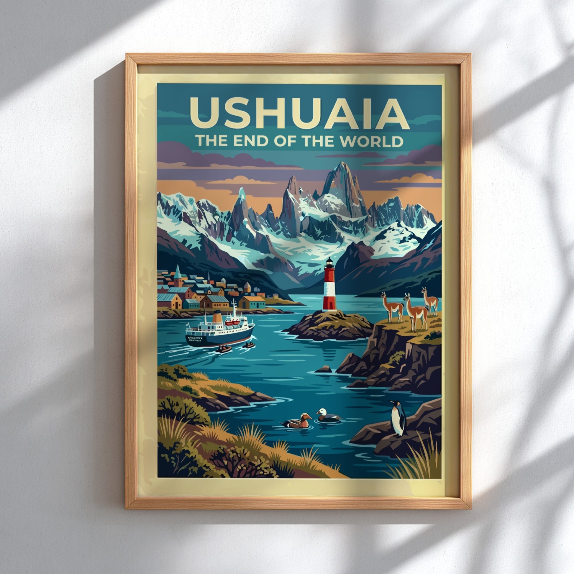 South America travel poster of Ushuaia with snow-capped mountains, red lighthouse, and wildlife.