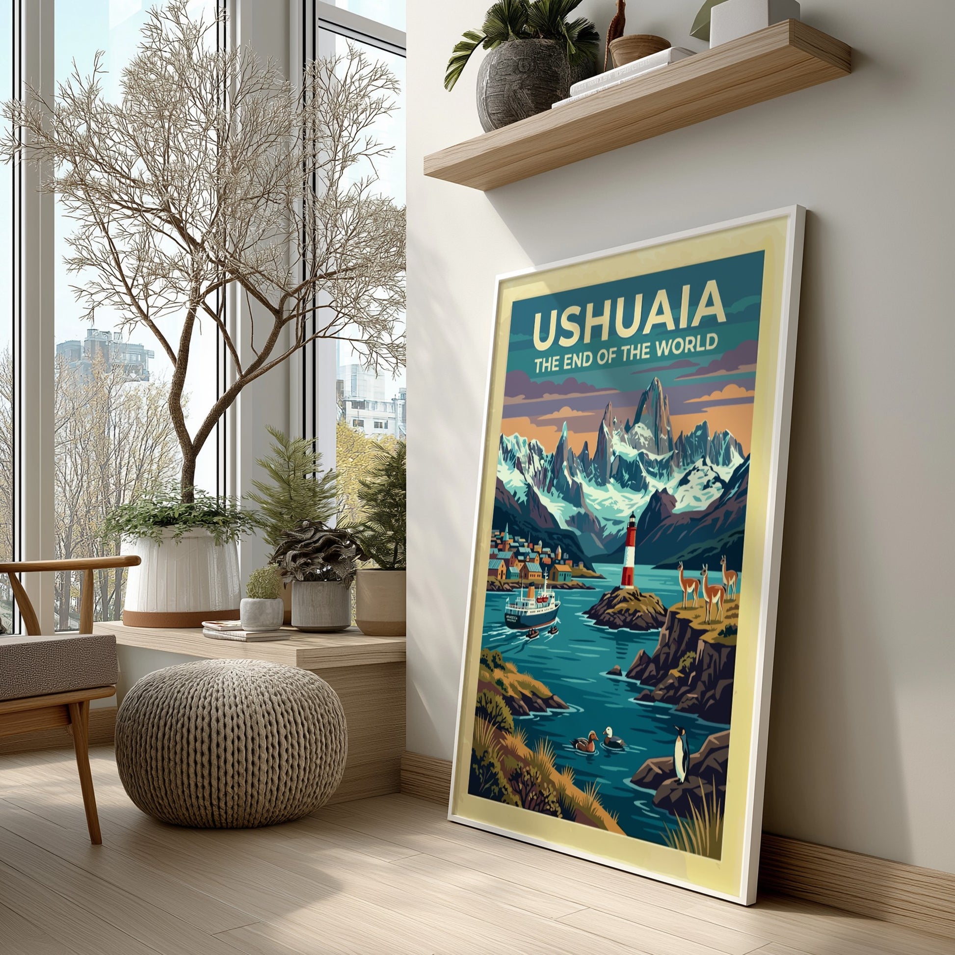 South America travel poster of Ushuaia with snow-capped mountains, red lighthouse, and wildlife.
