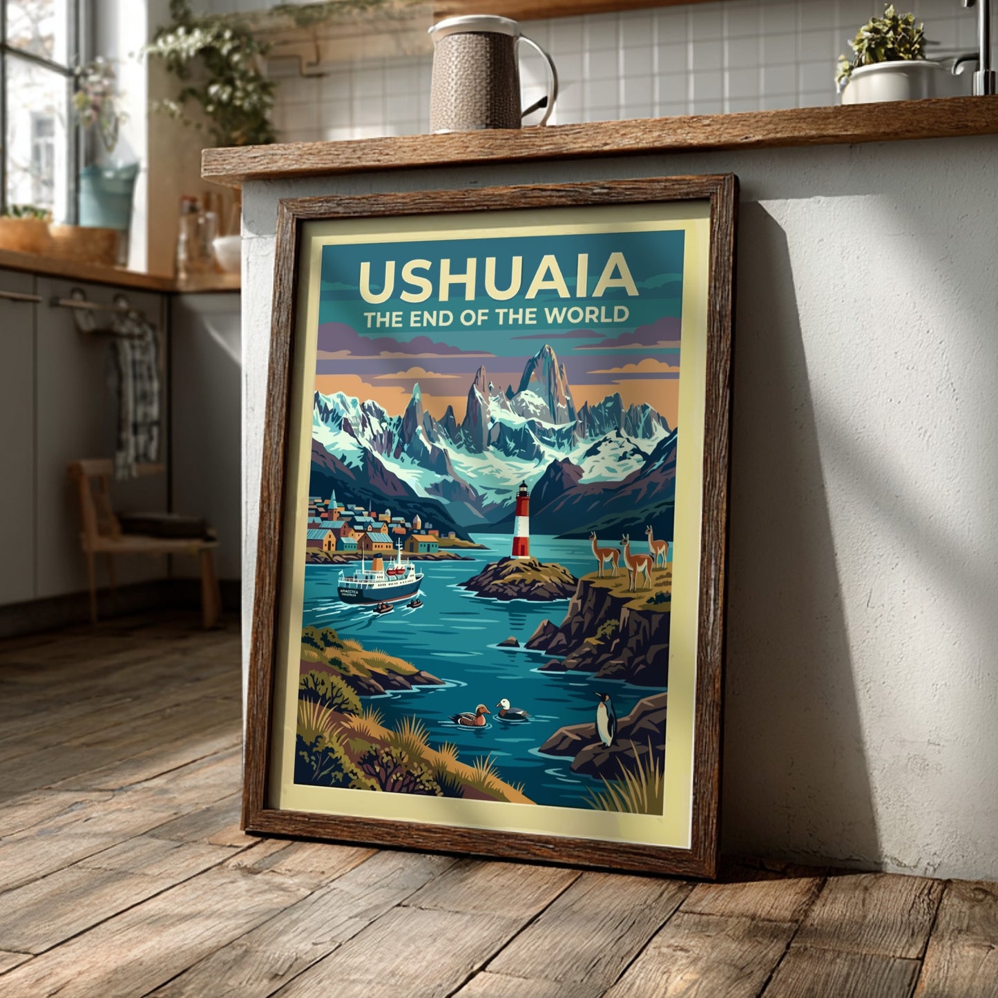 South America travel poster of Ushuaia with snow-capped mountains, red lighthouse, and wildlife.
