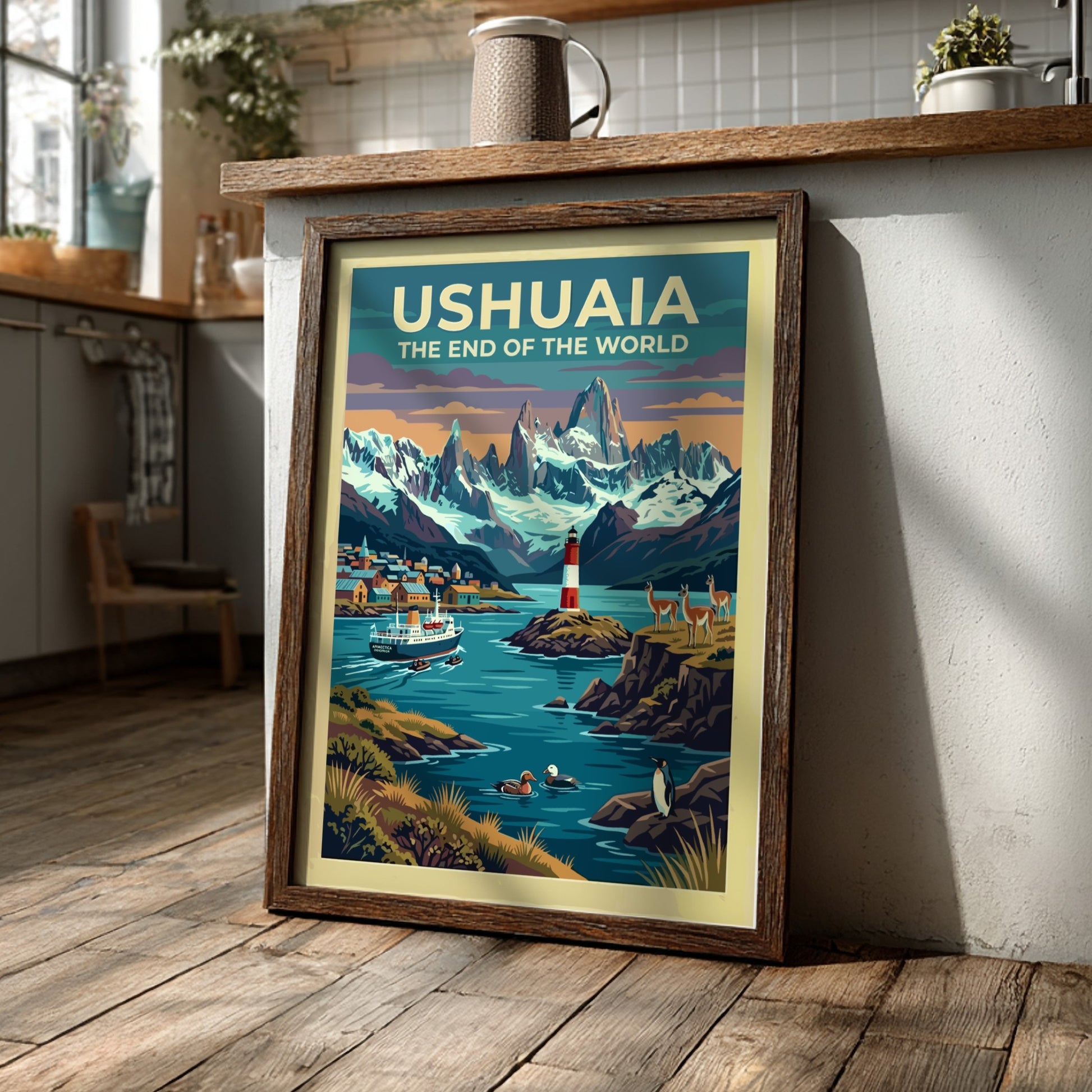 South America travel poster of Ushuaia with snow-capped mountains, red lighthouse, and wildlife.