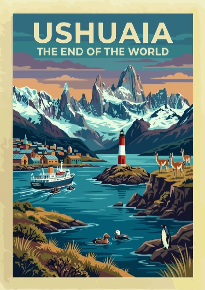 South America travel poster of Ushuaia with snow-capped mountains, red lighthouse, and wildlife.