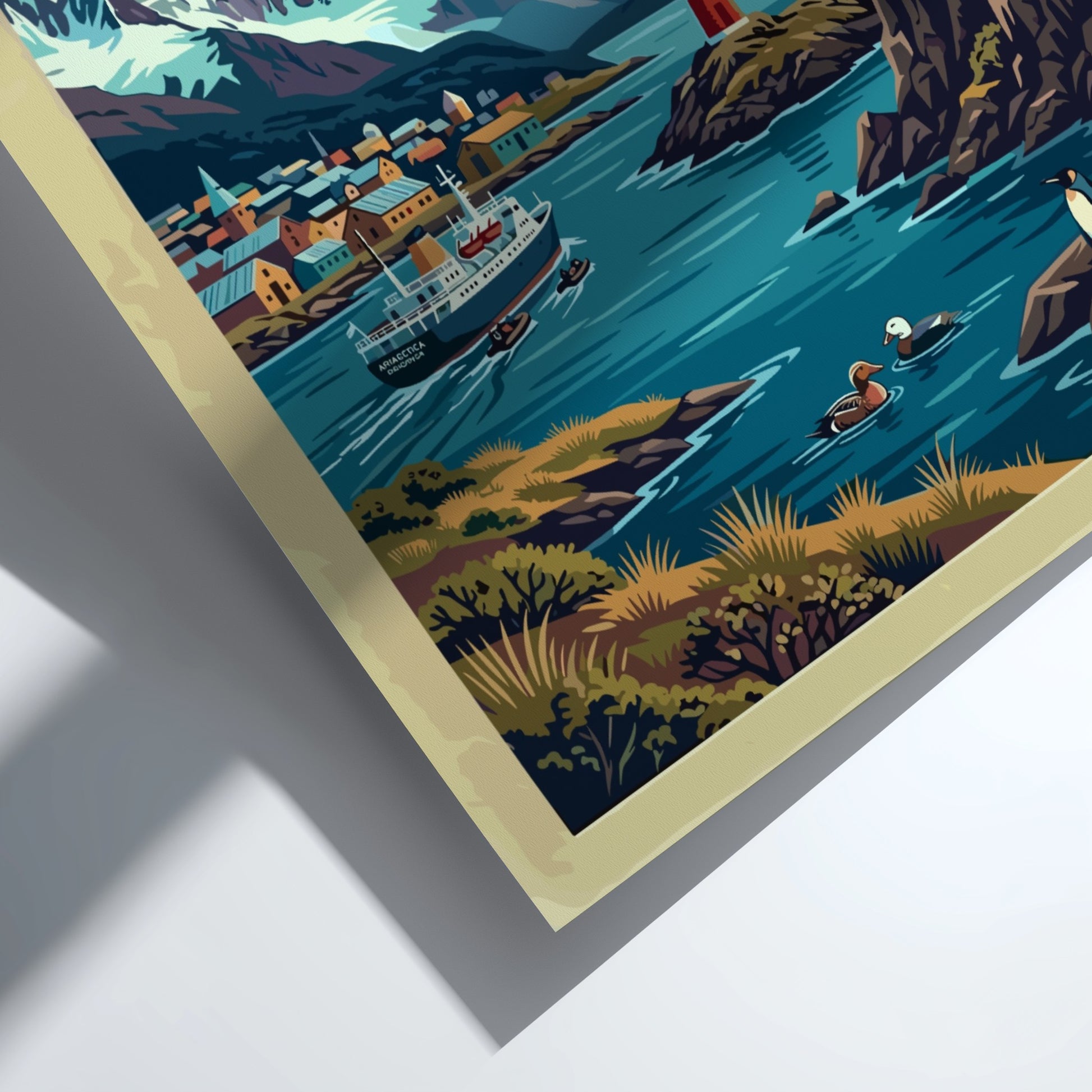South America travel poster of Ushuaia with snow-capped mountains, red lighthouse, and wildlife.
