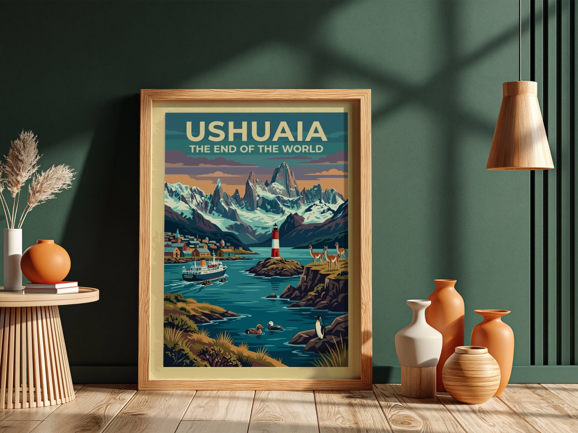 South America travel poster of Ushuaia with snow-capped mountains, red lighthouse, and wildlife.