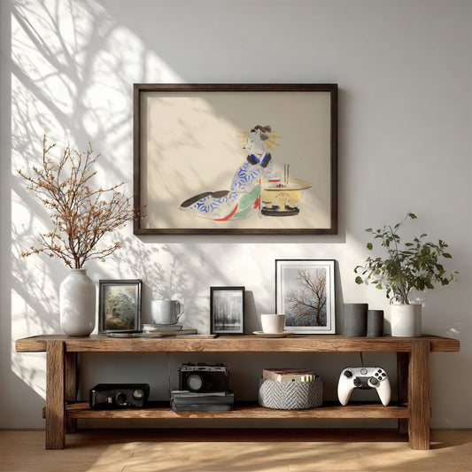 Utagawa Hiroshige art poster featuring traditional Japanese culture with soft colors and intricate details