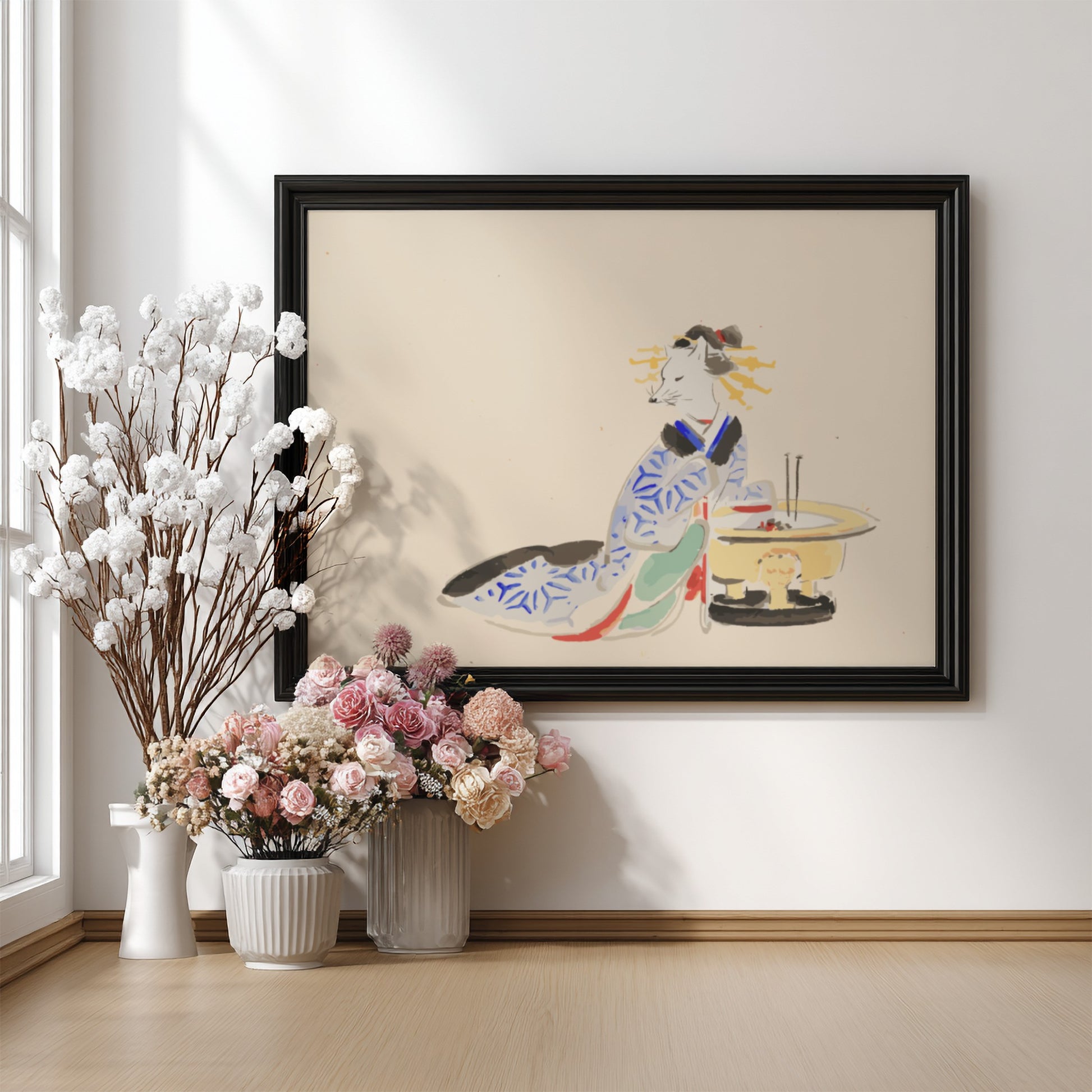 Utagawa Hiroshige art poster featuring traditional Japanese culture with soft colors and intricate details