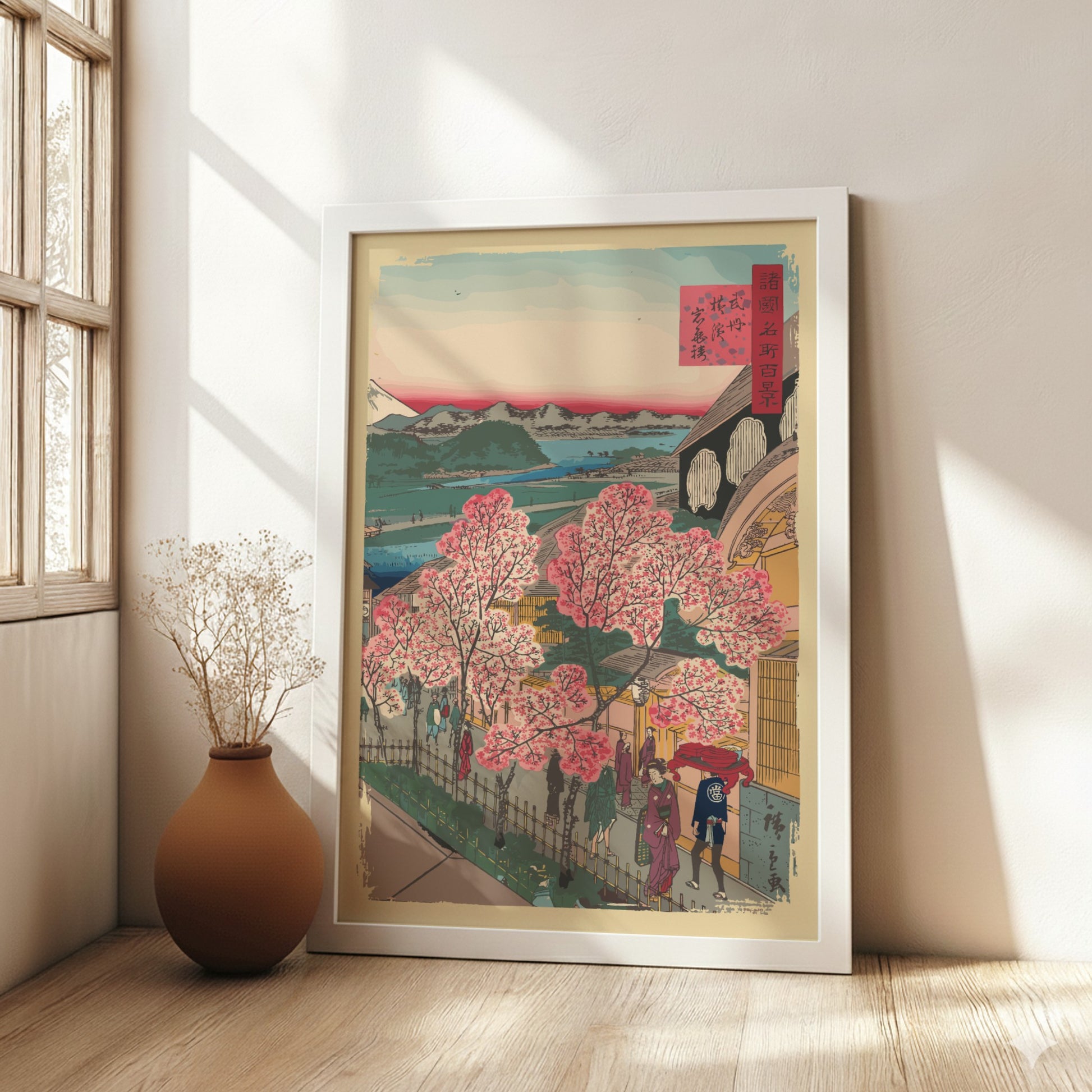 Famous art poster of Utagawa Hiroshige's "Entrance to the Gankirō Tea House" with cherry blossoms and Mount