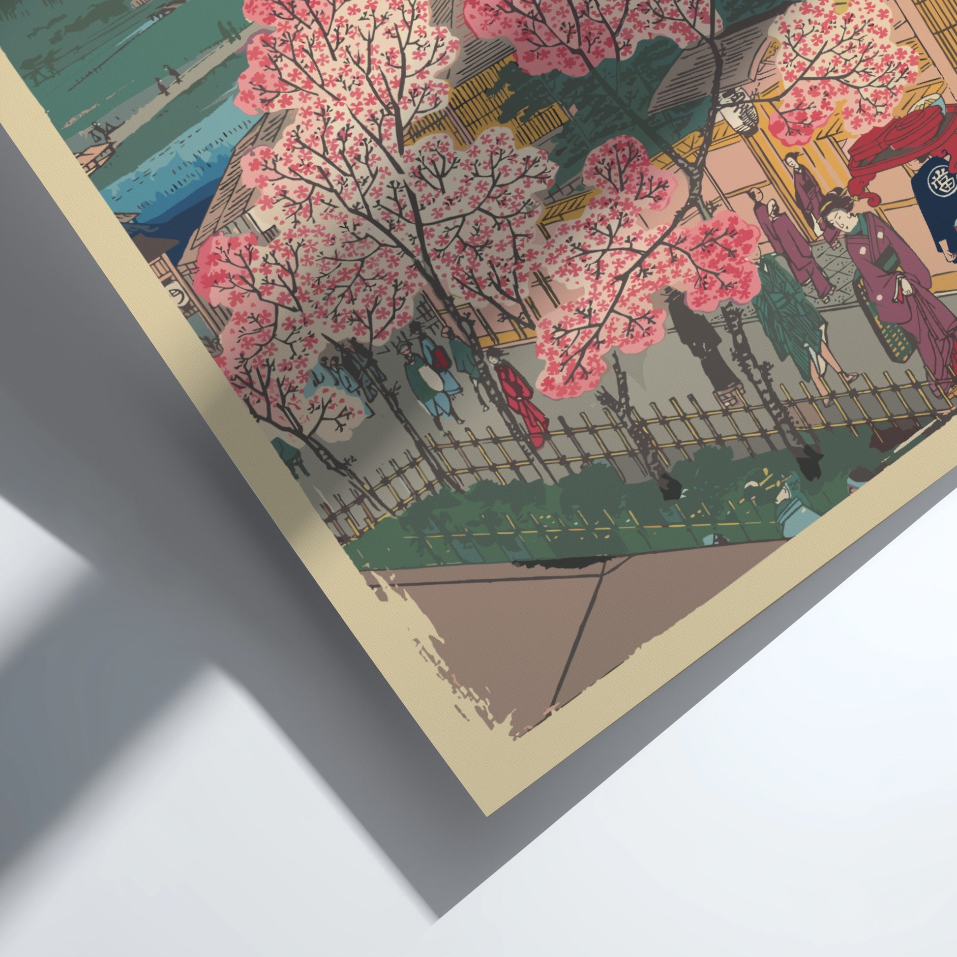 Famous art poster of Utagawa Hiroshige's "Entrance to the Gankirō Tea House" with cherry blossoms and Mount