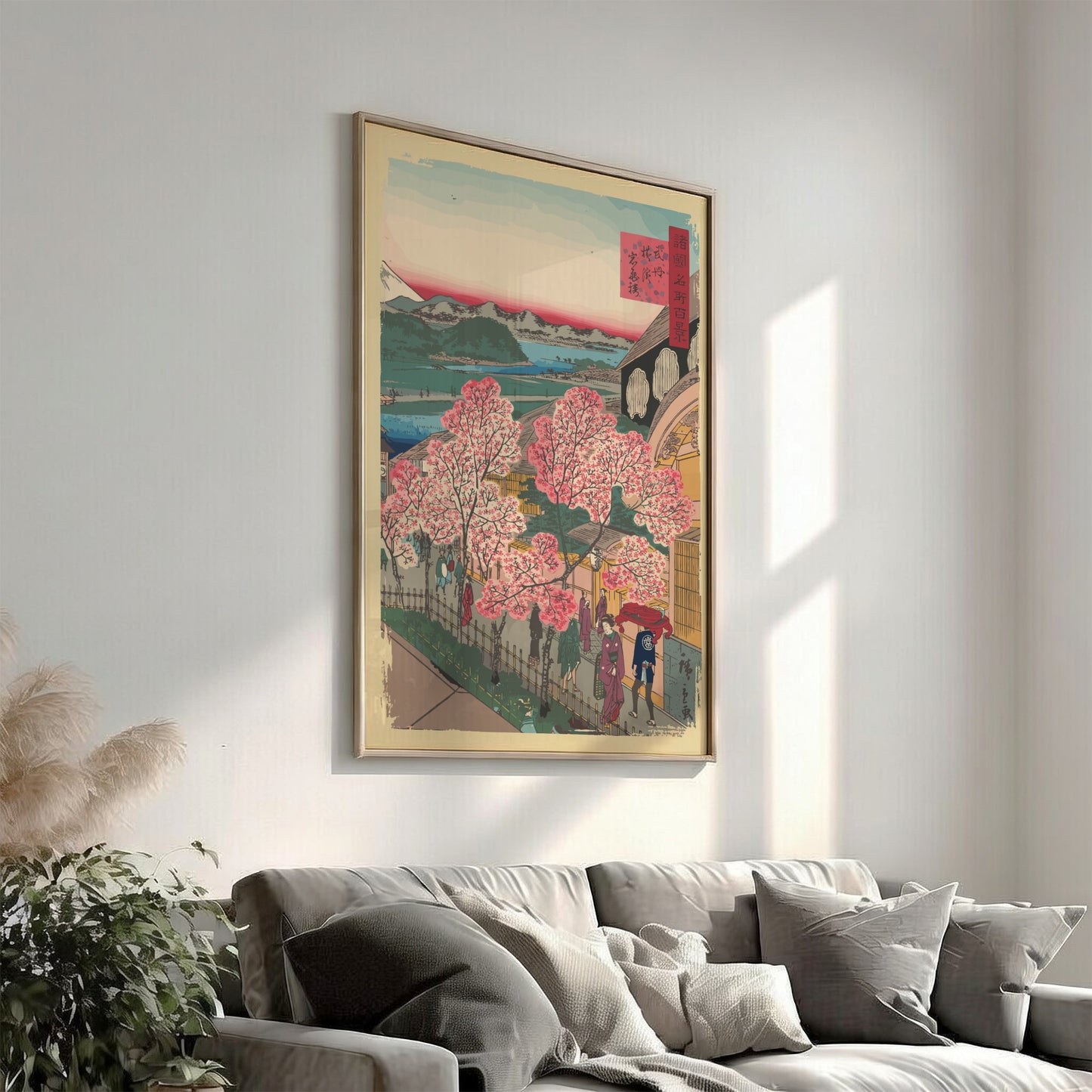 Famous art poster of Utagawa Hiroshige's "Entrance to the Gankirō Tea House" with cherry blossoms and Mount