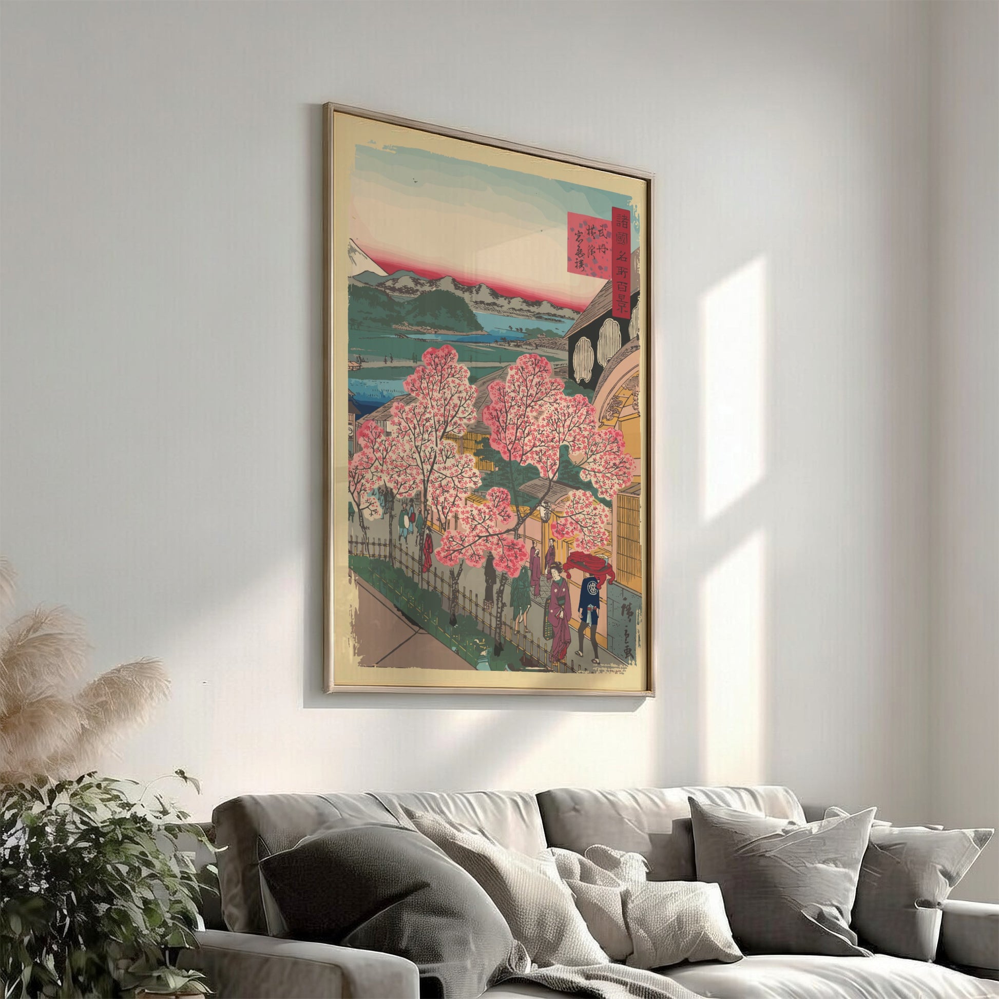 Famous art poster of Utagawa Hiroshige's "Entrance to the Gankirō Tea House" with cherry blossoms and Mount