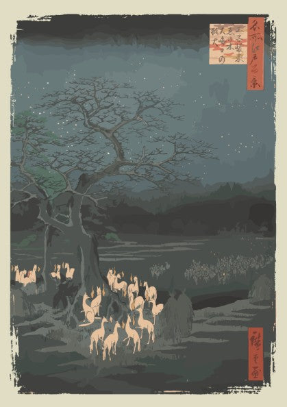Utagawa Hiroshige New Year's Eve Foxfires poster featuring glowing fox spirits under a tree at night.