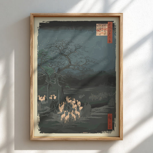 Utagawa Hiroshige New Year's Eve Foxfires poster featuring glowing fox spirits under a tree at night.