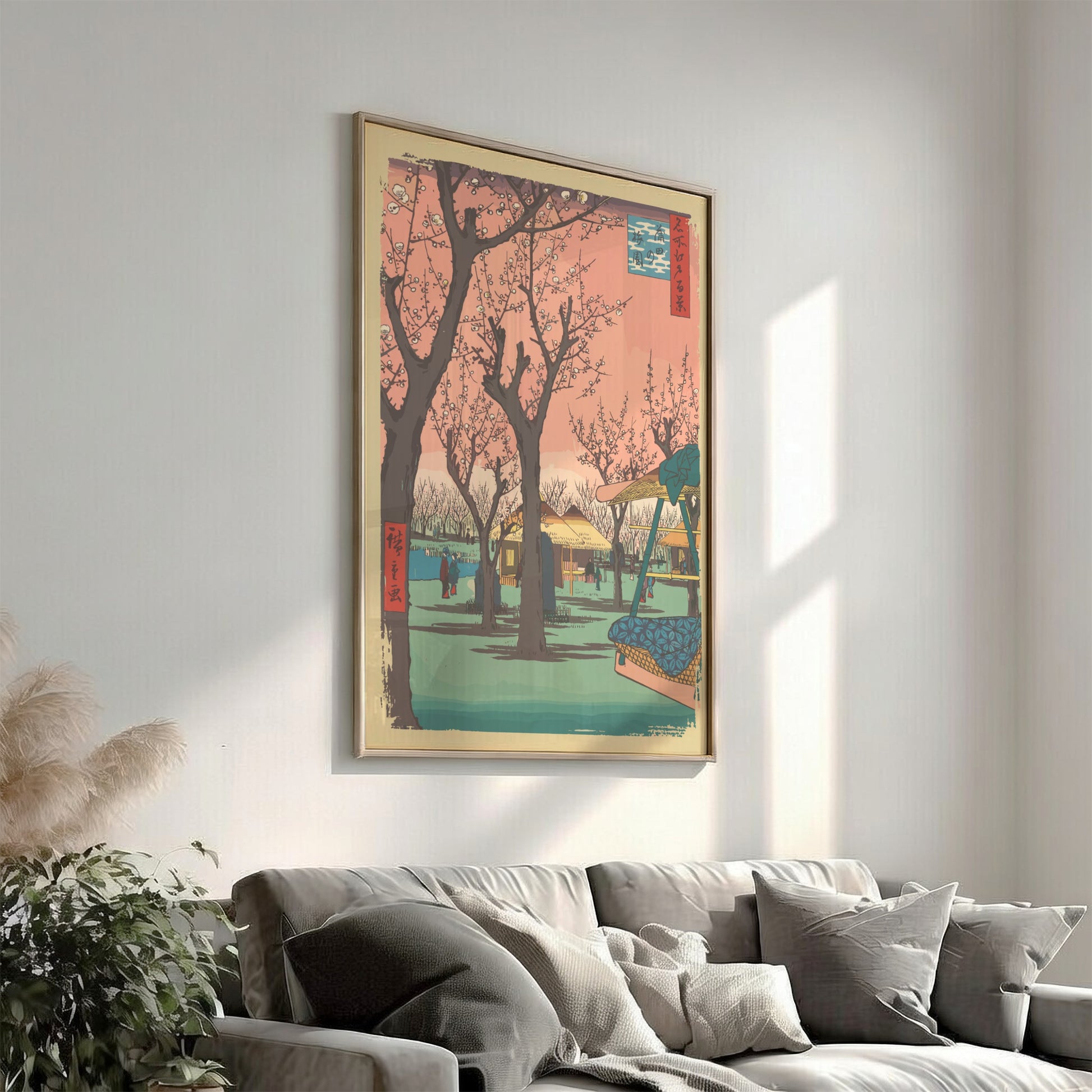 Vintage Japanese art poster of Utagawa Hiroshige's Plum Garden at Kamata, featuring blooming trees and