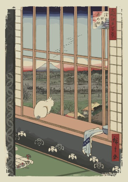 Famous art poster of a white cat looking out a window at Mount Fuji, Ukiyo-e style.