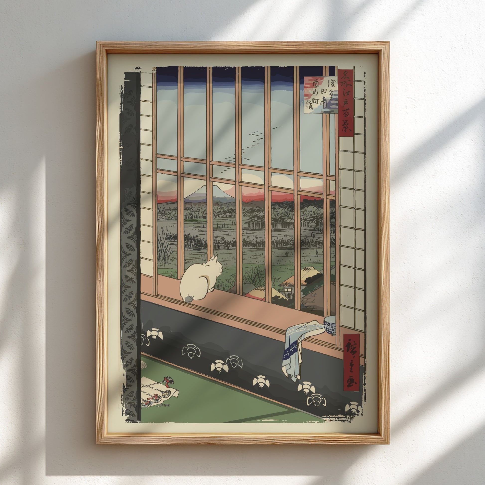 Famous art poster of a white cat looking out a window at Mount Fuji, Ukiyo-e style.