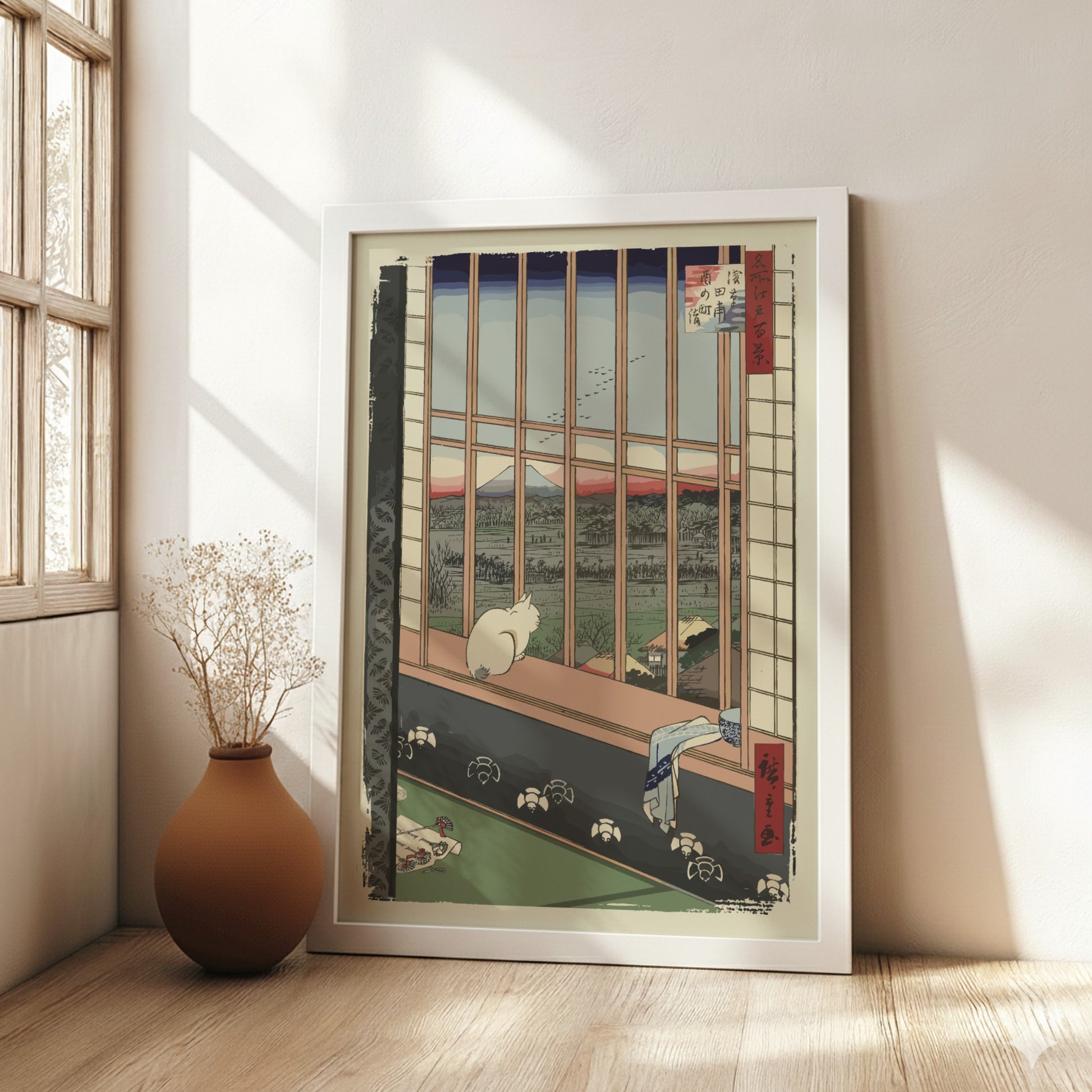 Famous art poster of a white cat looking out a window at Mount Fuji, Ukiyo-e style.