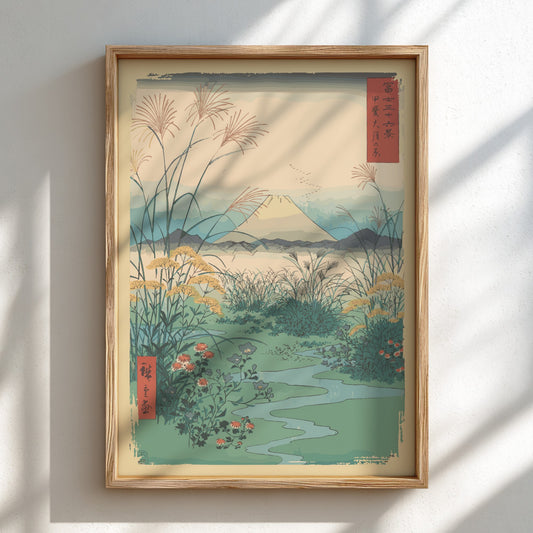 Japanese art poster of Mount Fuji with pampas grass and wildflowers, in a muted color palette.