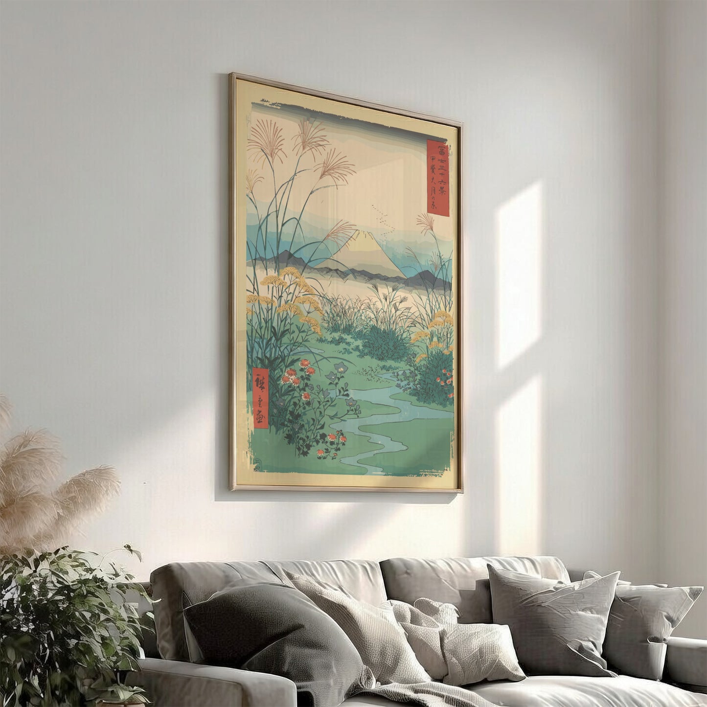 Japanese art poster of Mount Fuji with pampas grass and wildflowers, in a muted color palette.