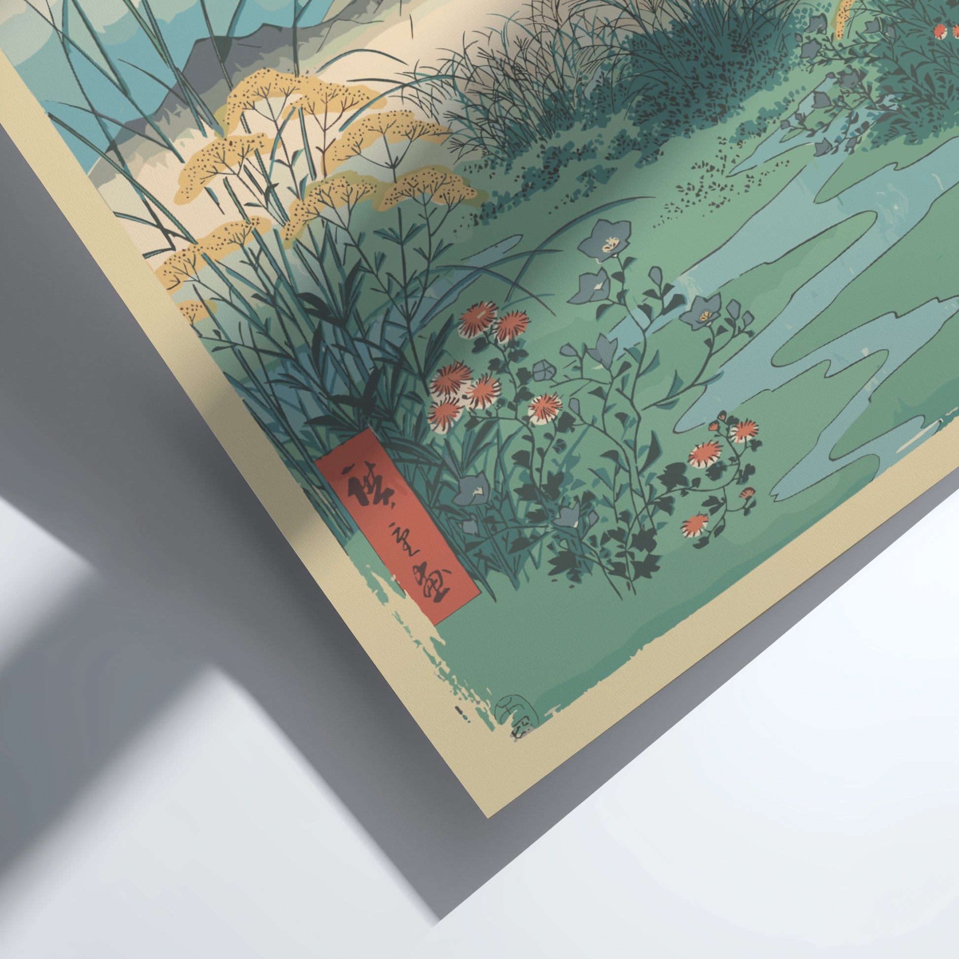 Japanese art poster of Mount Fuji with pampas grass and wildflowers, in a muted color palette.