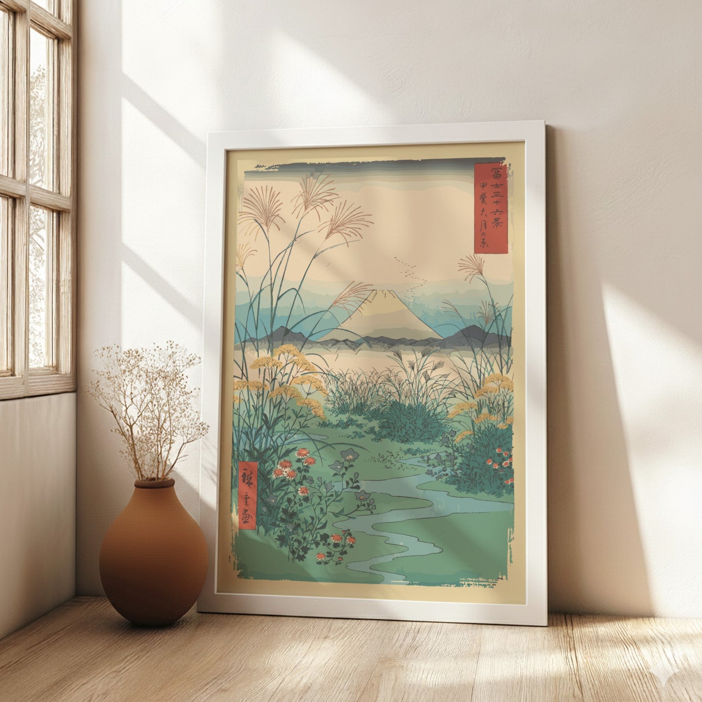Japanese art poster of Mount Fuji with pampas grass and wildflowers, in a muted color palette.