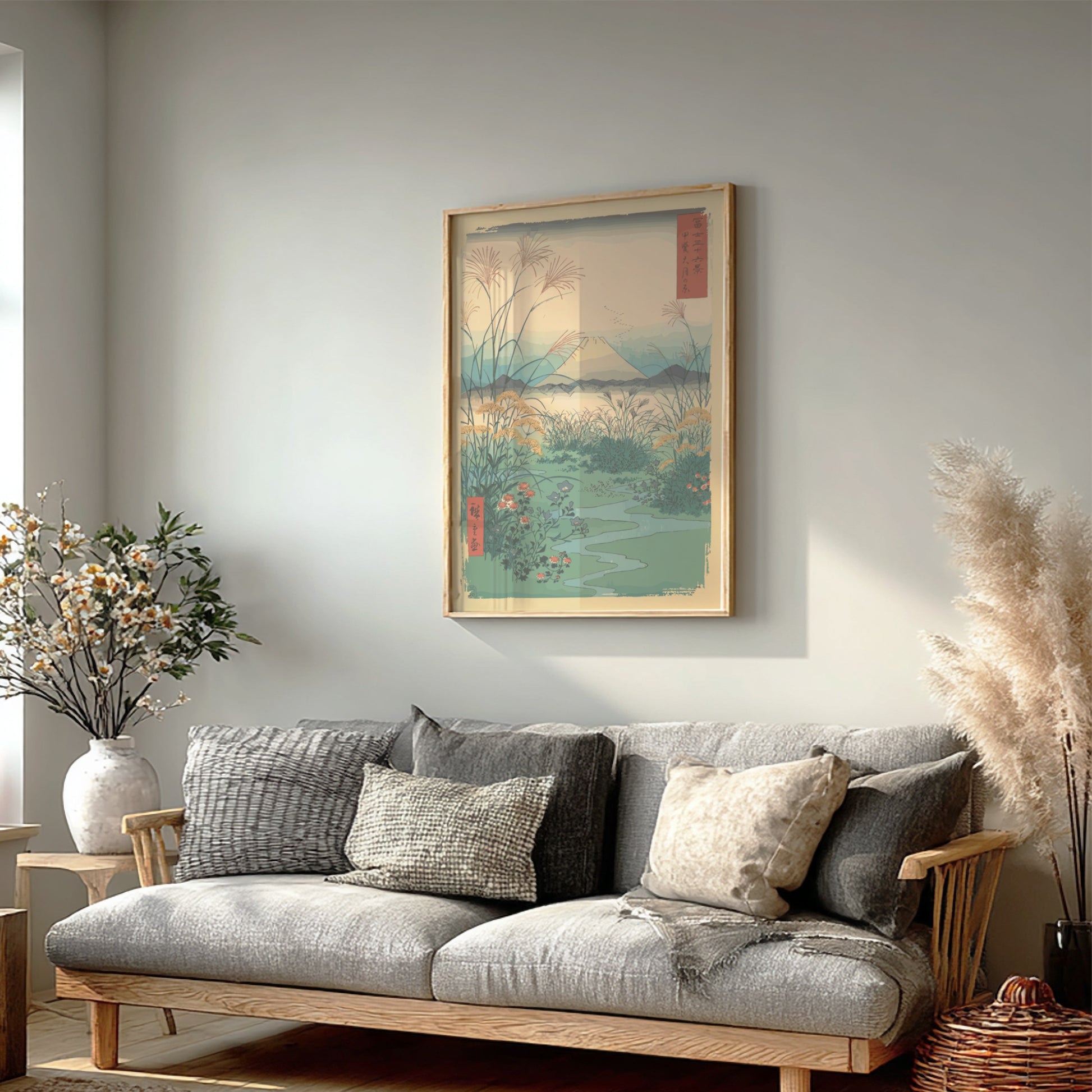 Japanese art poster of Mount Fuji with pampas grass and wildflowers, in a muted color palette.