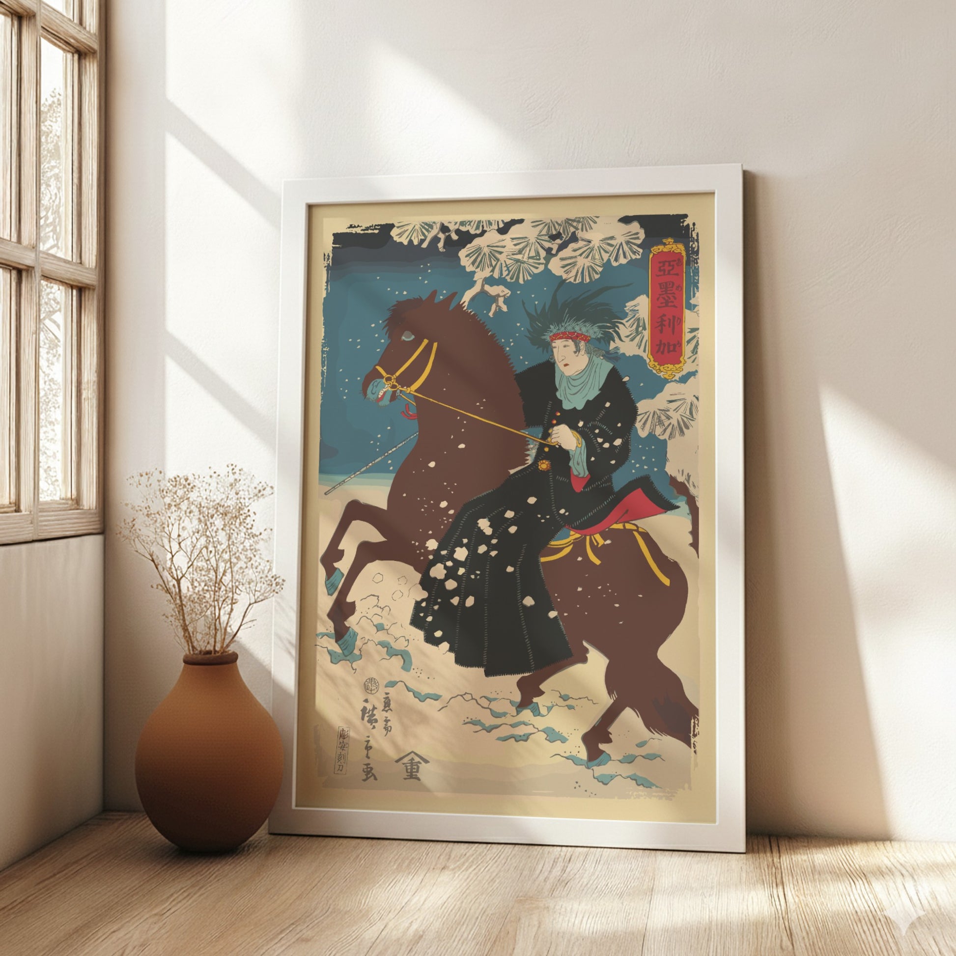 Vintage Japanese woodblock print poster of a Native American woman on a brown horse in the snow, by Utagawa