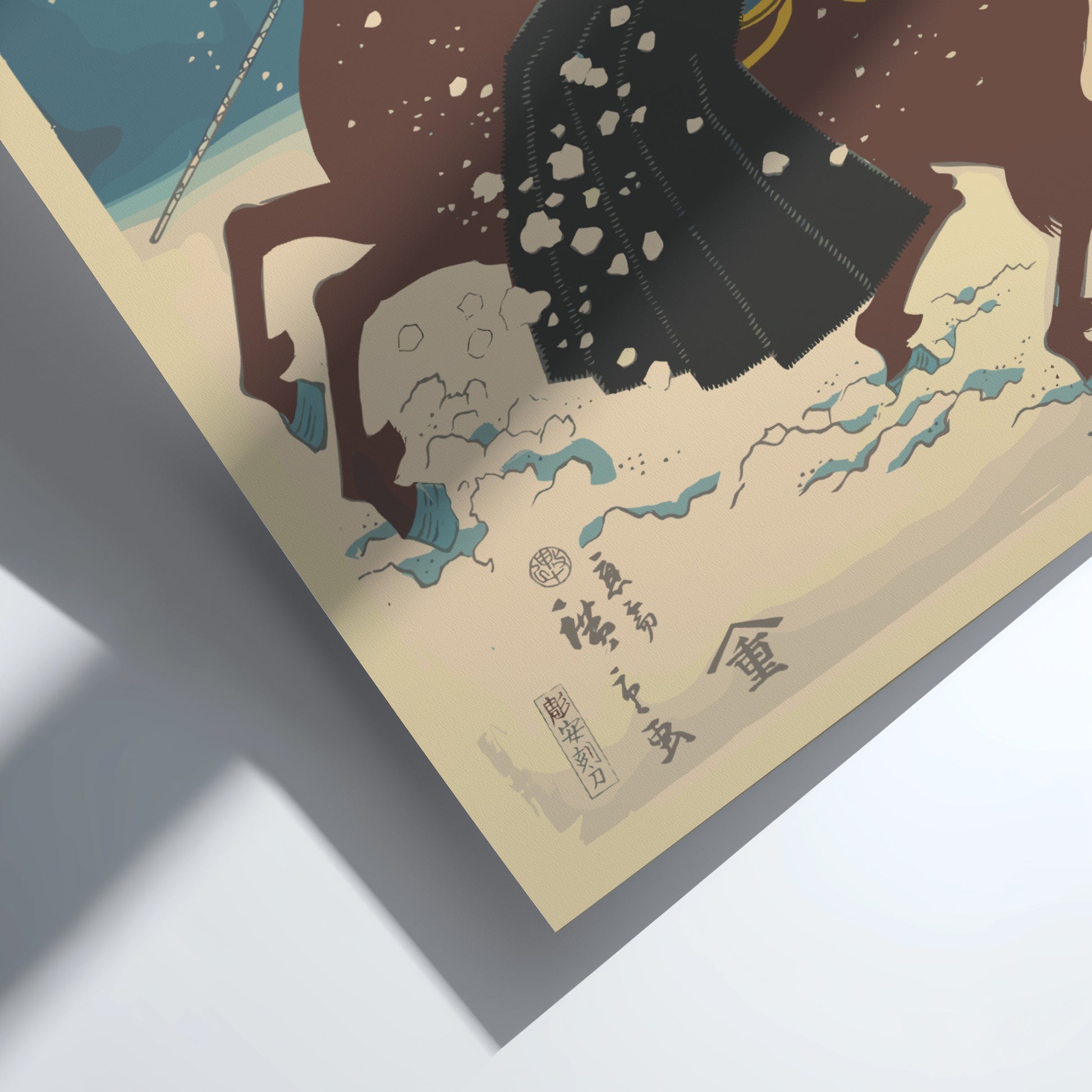 Vintage Japanese woodblock print poster of a Native American woman on a brown horse in the snow, by Utagawa