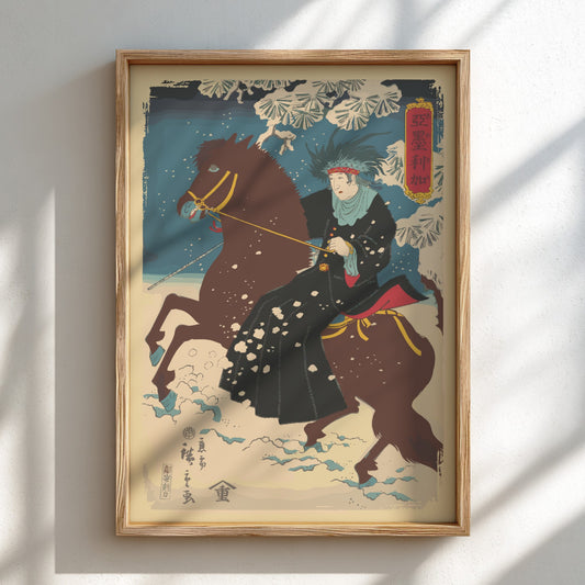 Vintage Japanese woodblock print poster of a Native American woman on a brown horse in the snow, by Utagawa