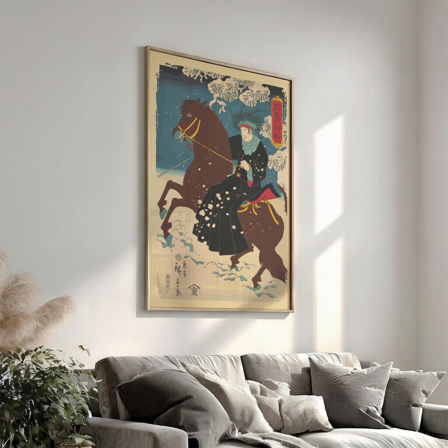 Vintage Japanese woodblock print poster of a Native American woman on a brown horse in the snow, by Utagawa