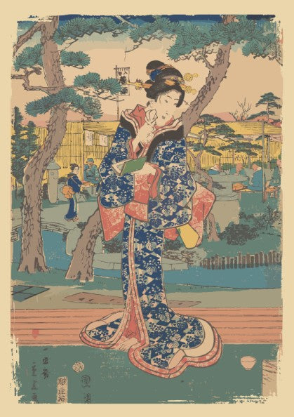 Famous art poster of a young Japanese girl in a blue kimono at a tea house garden, Ukiyo-e style.