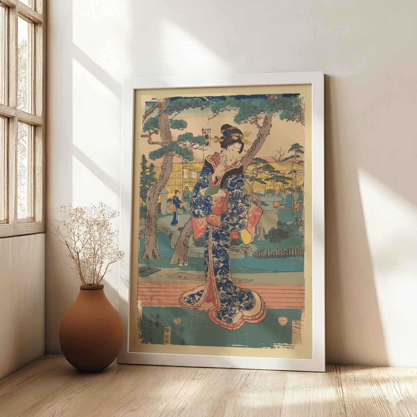 Famous art poster of a young Japanese girl in a blue kimono at a tea house garden, Ukiyo-e style.