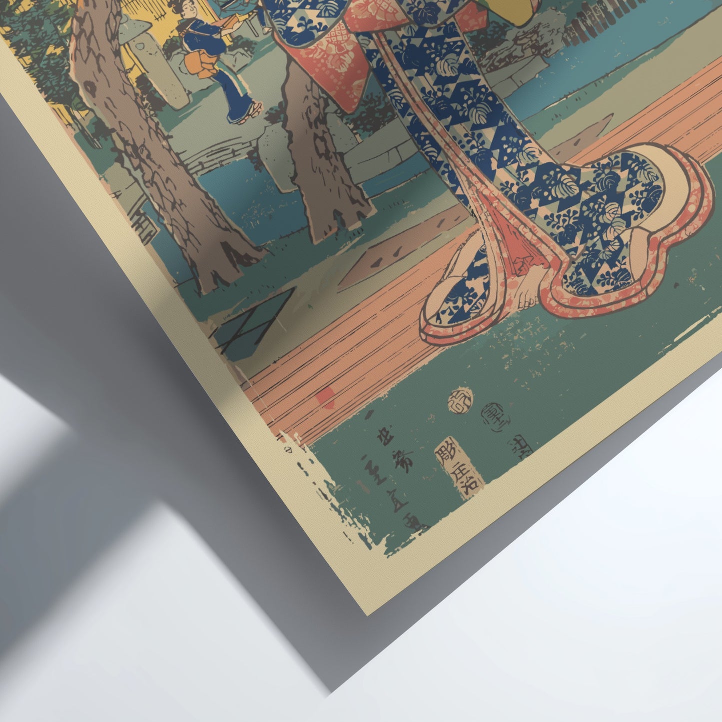 Famous art poster of a young Japanese girl in a blue kimono at a tea house garden, Ukiyo-e style.