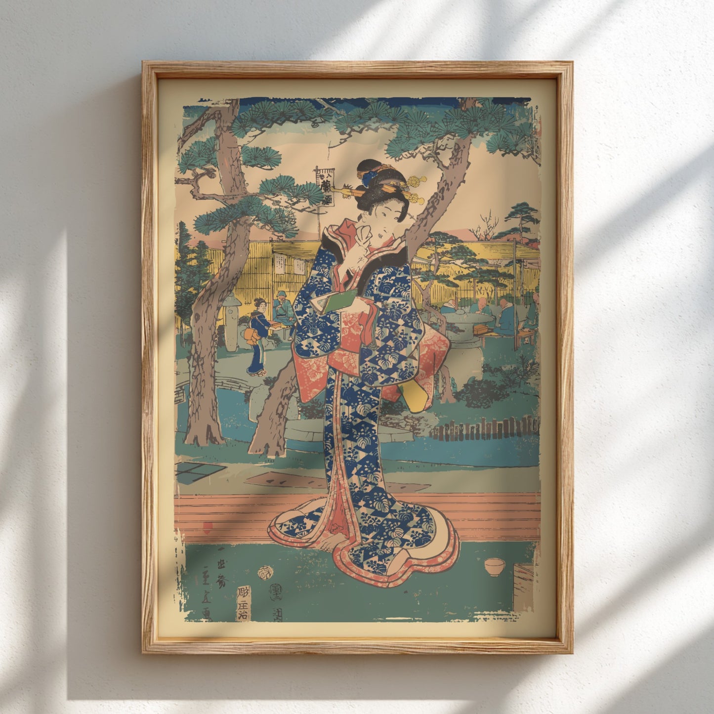 Famous art poster of a young Japanese girl in a blue kimono at a tea house garden, Ukiyo-e style.
