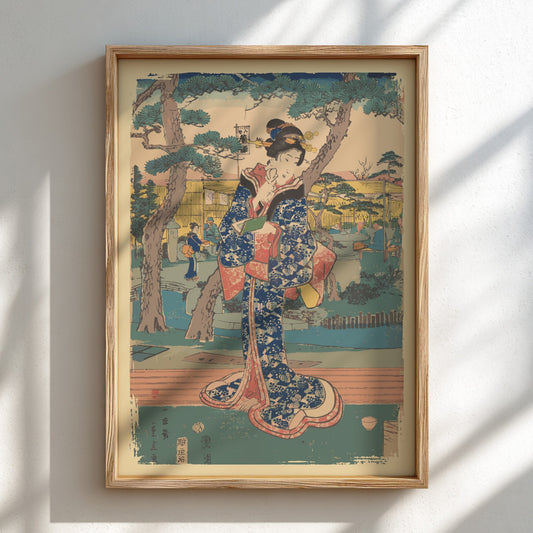 Famous art poster of a young Japanese girl in a blue kimono at a tea house garden, Ukiyo-e style.