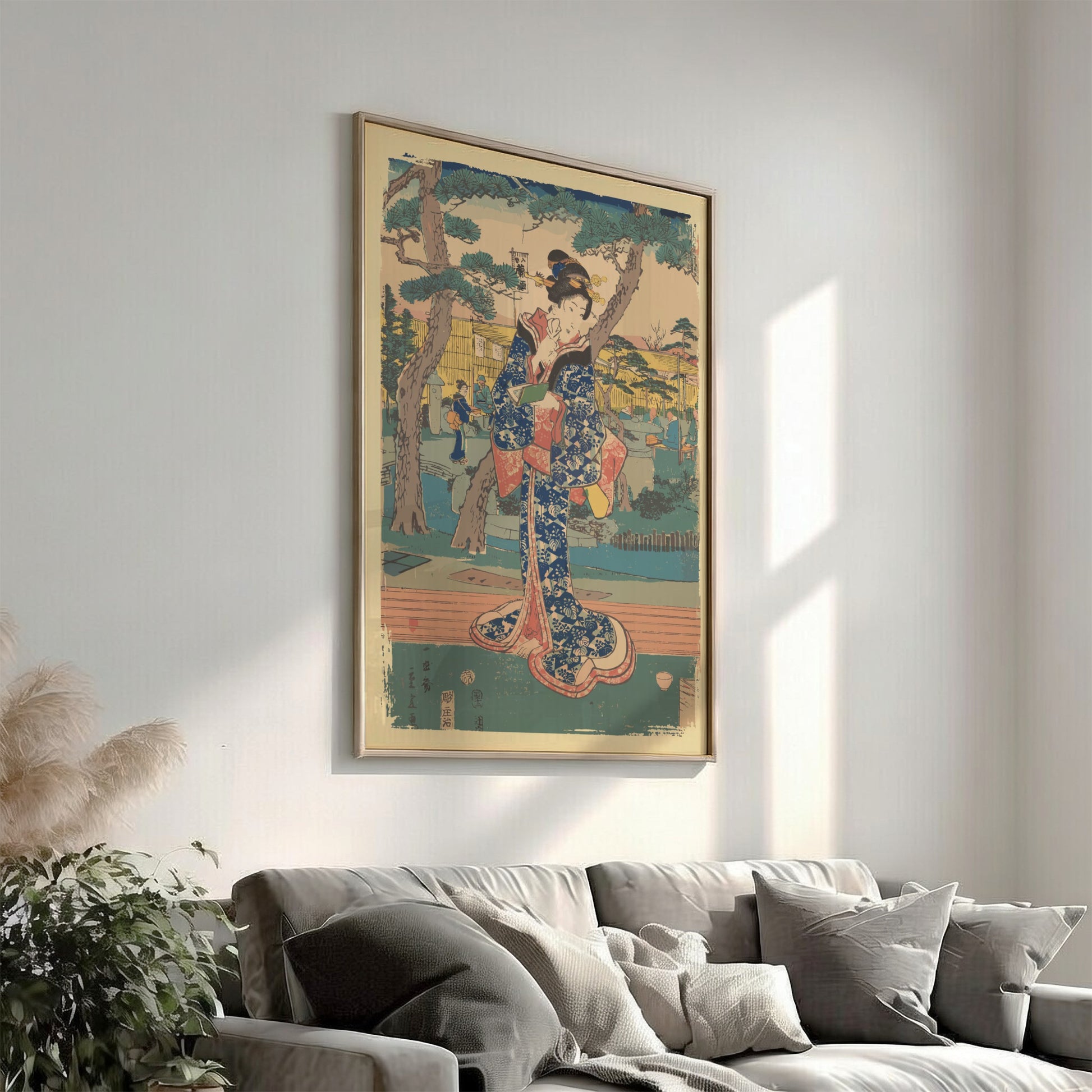 Famous art poster of a young Japanese girl in a blue kimono at a tea house garden, Ukiyo-e style.