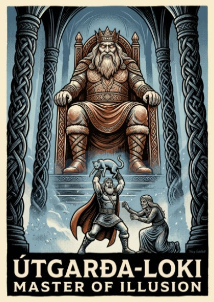 Poster featuring Útgarða-Loki on a throne with intricate blue and grey Norse illustrations.