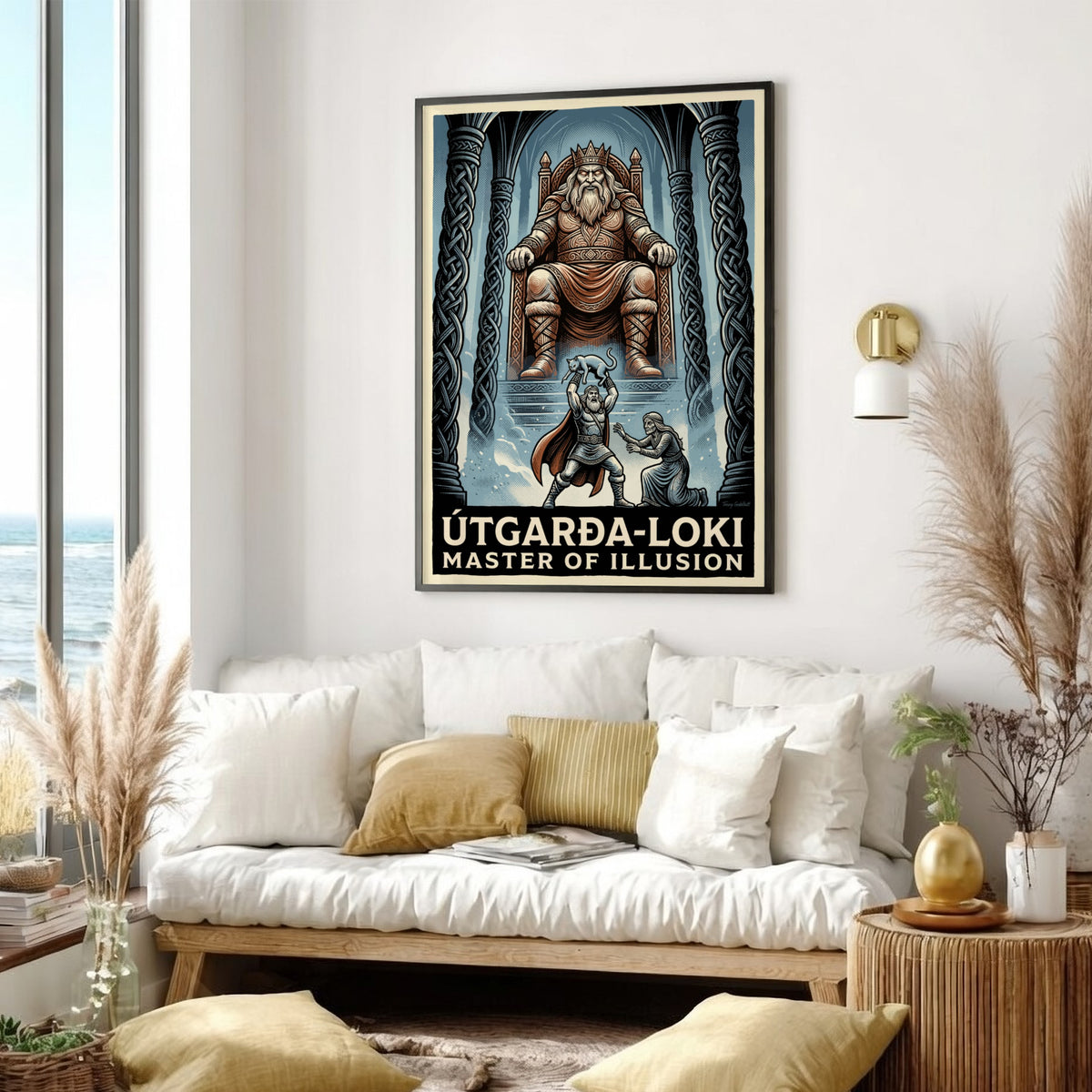 Poster featuring Útgarða-Loki on a throne with intricate blue and grey Norse illustrations.