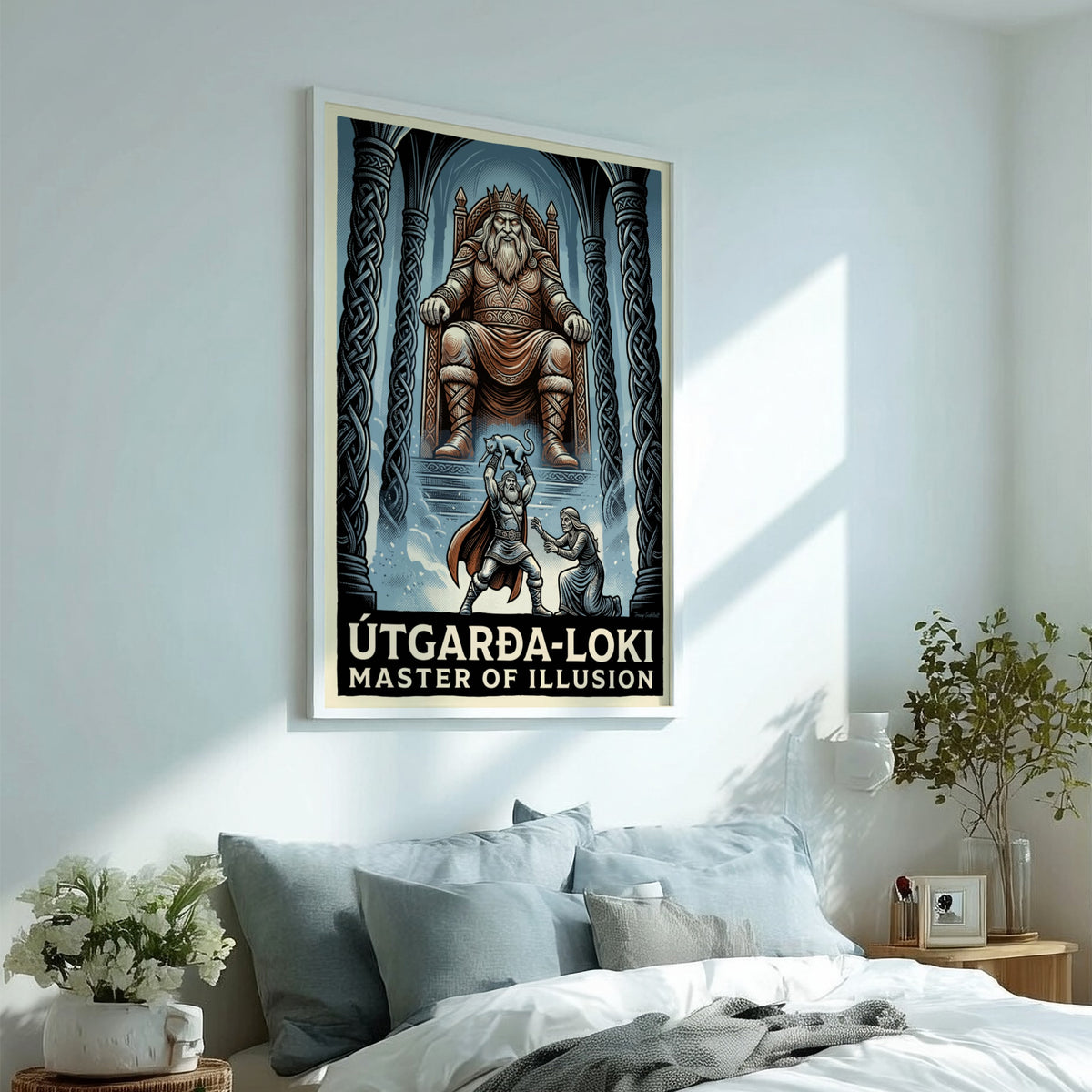 Poster featuring Útgarða-Loki on a throne with intricate blue and grey Norse illustrations.