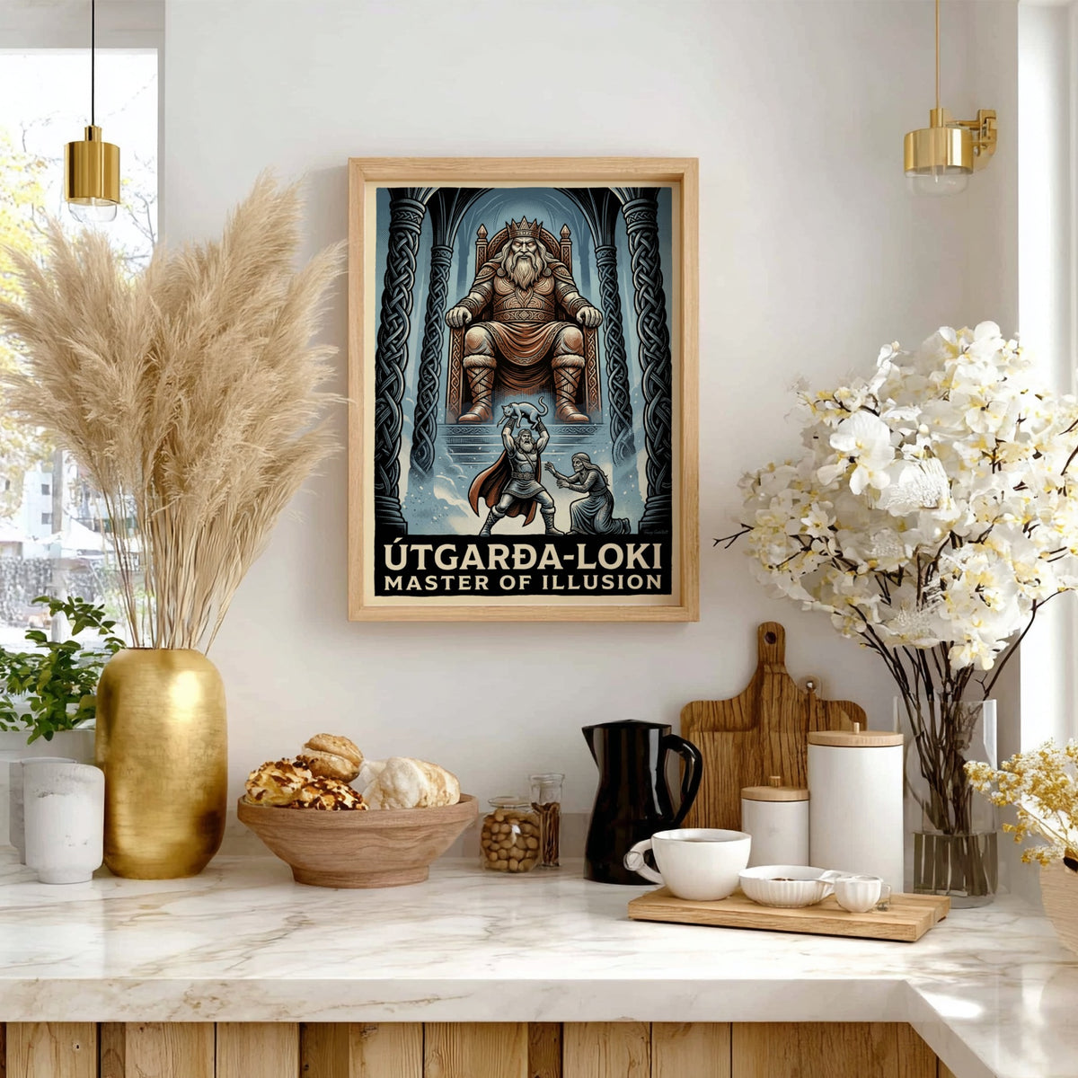 Poster featuring Útgarða-Loki on a throne with intricate blue and grey Norse illustrations.