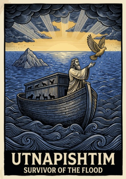 Poster featuring Utnapishtim in a wooden boat on blue waves releasing a dove