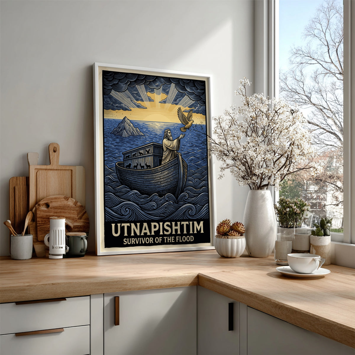 Poster featuring Utnapishtim in a wooden boat on blue waves releasing a dove