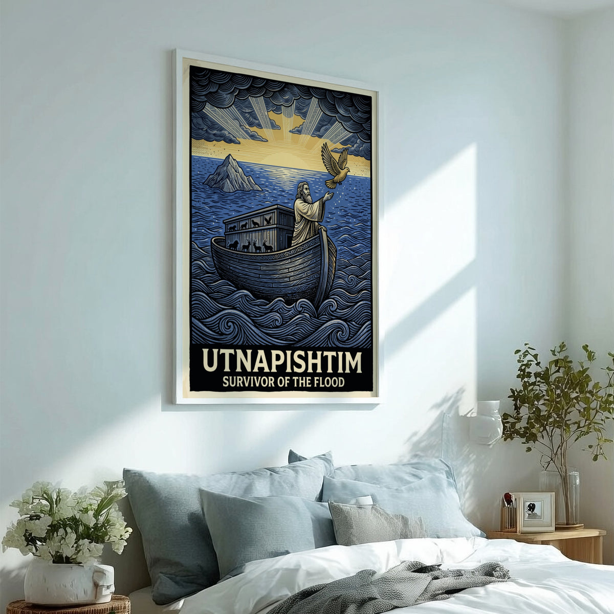 Poster featuring Utnapishtim in a wooden boat on blue waves releasing a dove