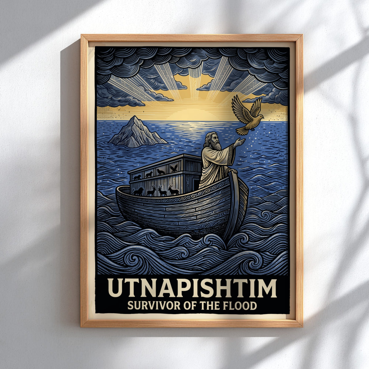 Poster featuring Utnapishtim in a wooden boat on blue waves releasing a dove