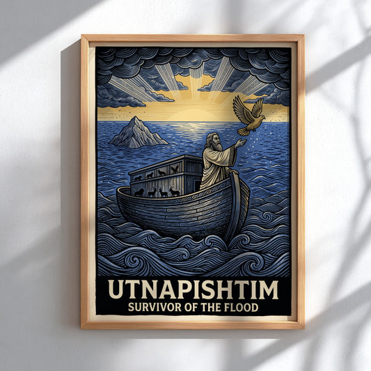 Poster featuring Utnapishtim in a wooden boat on blue waves releasing a dove