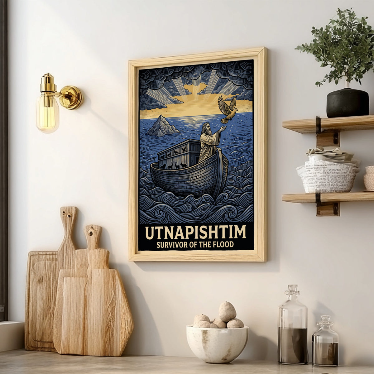 Poster featuring Utnapishtim in a wooden boat on blue waves releasing a dove