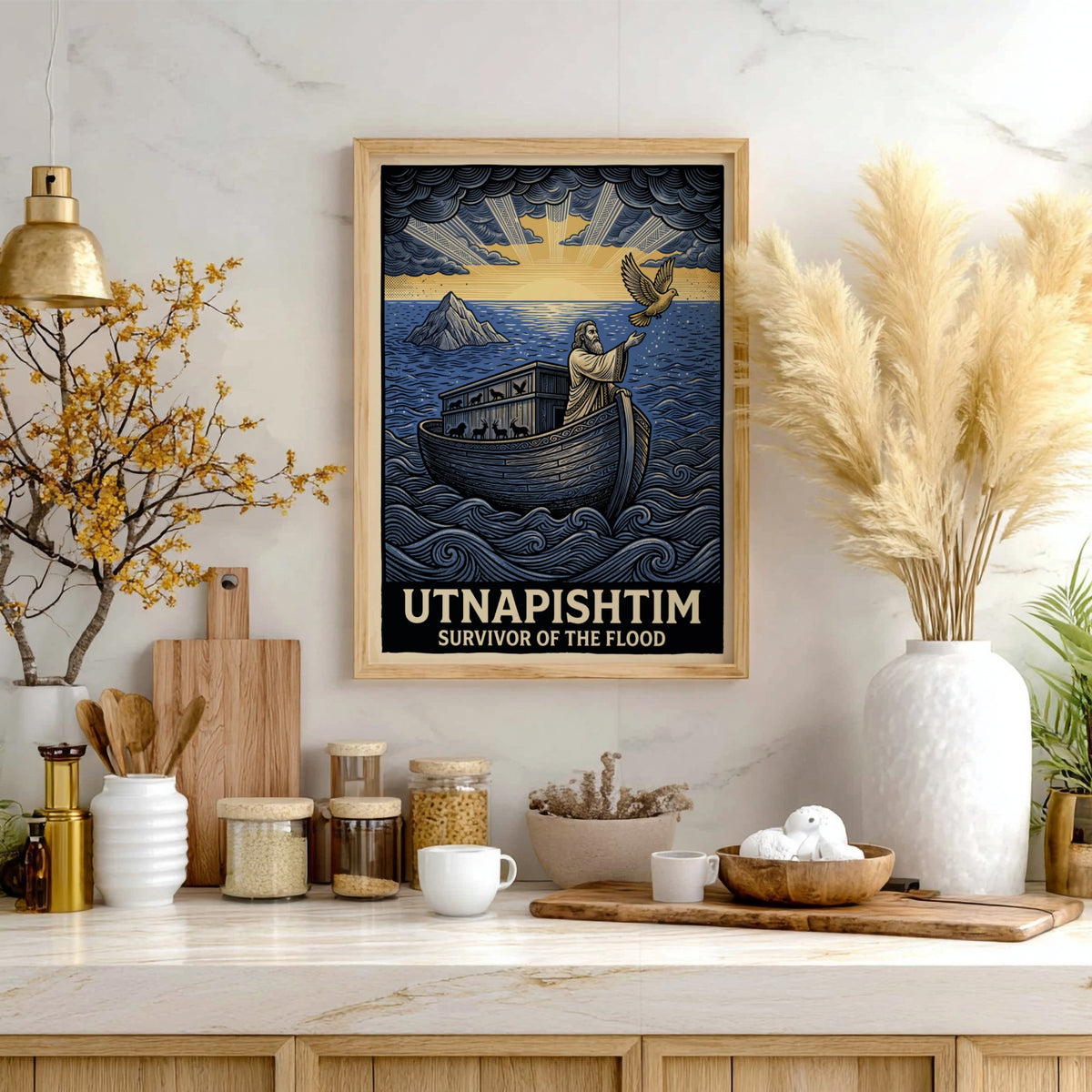 Poster featuring Utnapishtim in a wooden boat on blue waves releasing a dove