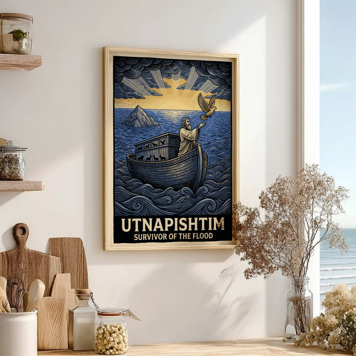 Poster featuring Utnapishtim in a wooden boat on blue waves releasing a dove
