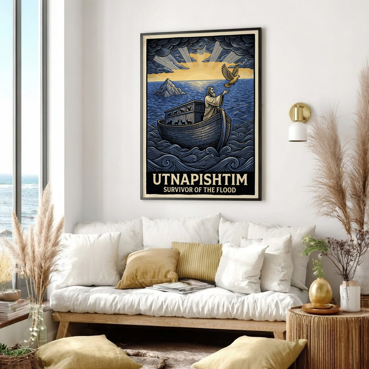 Poster featuring Utnapishtim in a wooden boat on blue waves releasing a dove